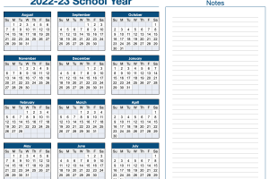 2022-2023 Horizontal School Year Calendar with Notes